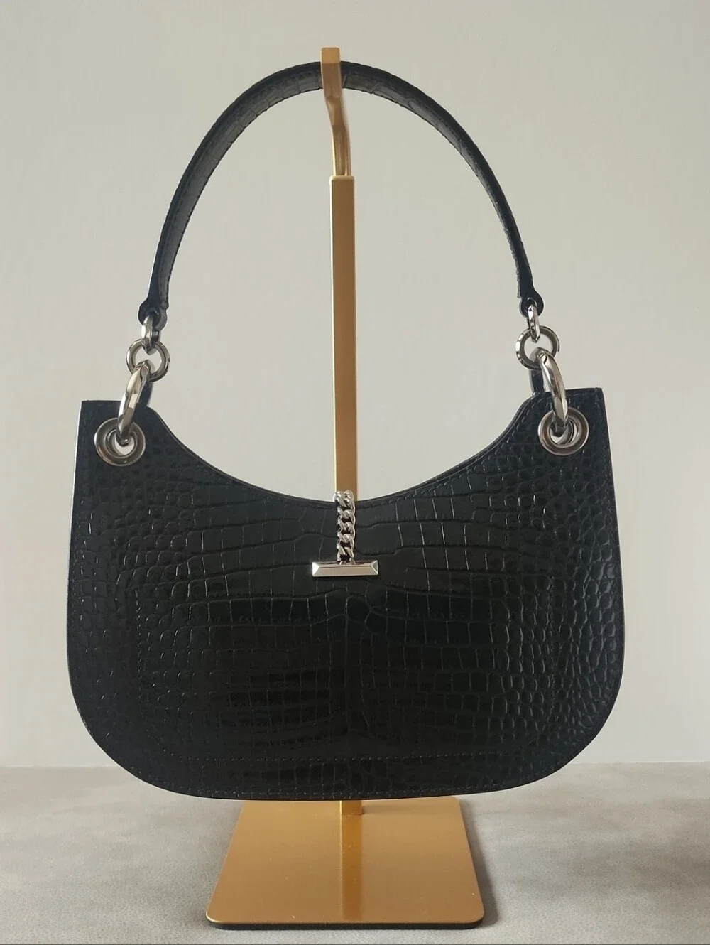 Authentic Jimmy Choo Black Croc-Embossed Shoulder Bag with Silver Hardware